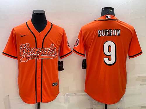 Men%27s Cincinnati Bengals #9 Joe Burrow Orange With Patch Cool Base Stitched Baseball Jersey